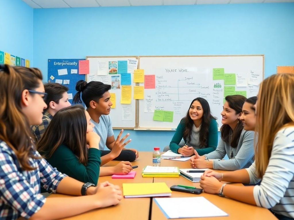 Tineri discuta in sala de clasa despre antreprenoriat.