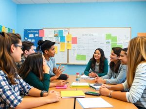 Tineri discuta in sala de clasa despre antreprenoriat.