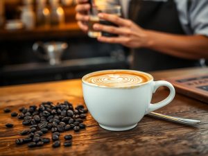 Cafea aburindă, boabe prăjite, mâini baristă